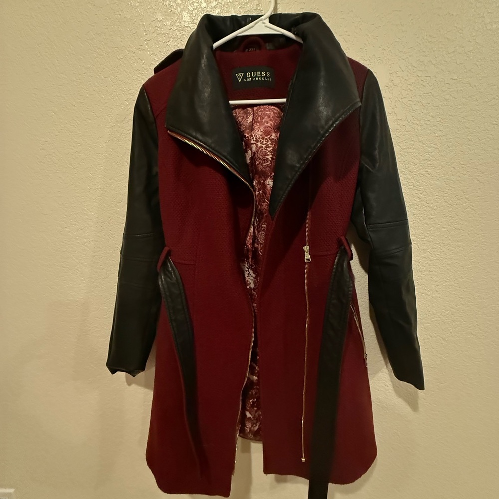 Guess Burgundy and black faux leather Long coat